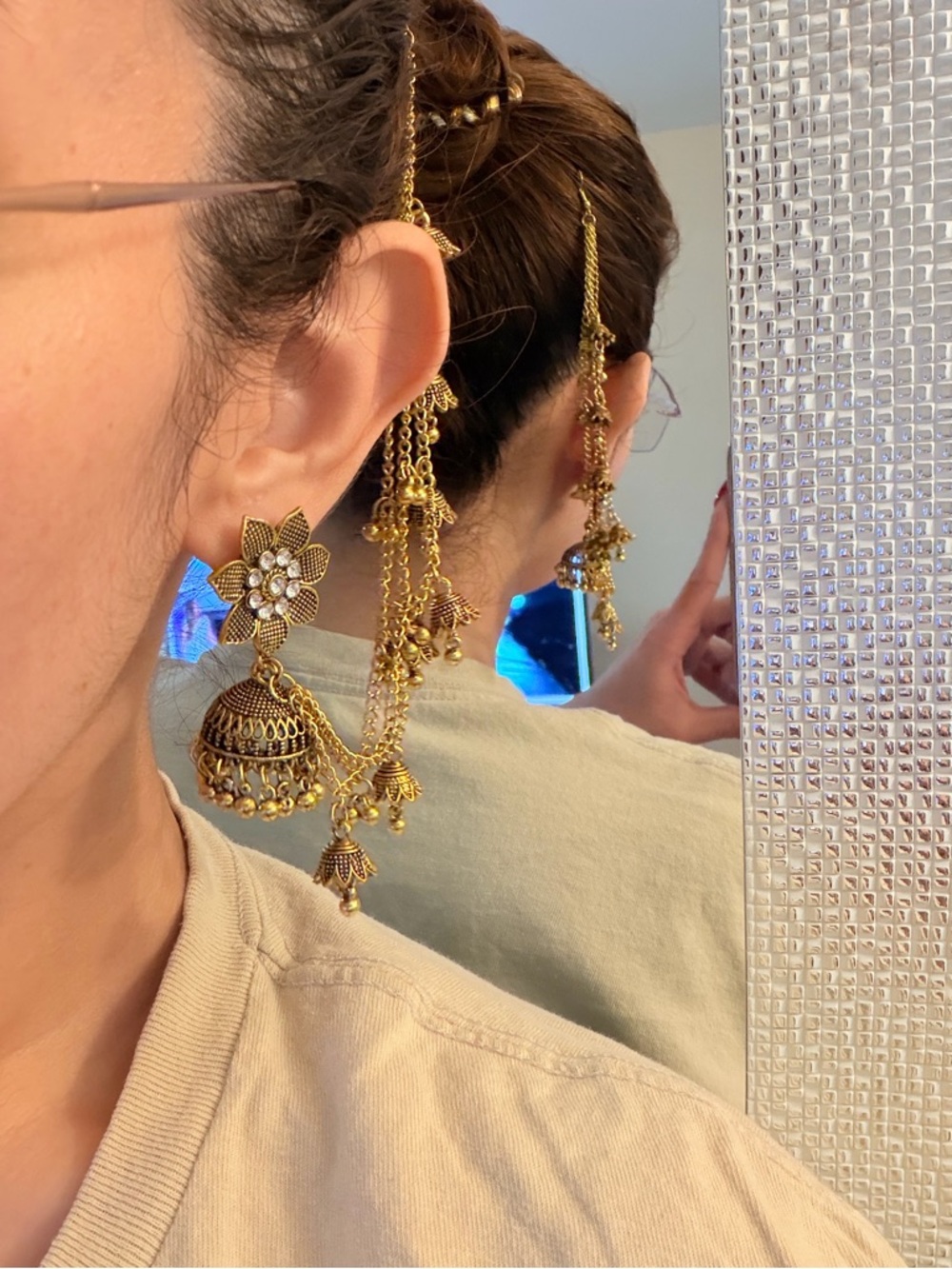 Gold Floral Dangle Earrings with Chain Tassels - Women Jewelry